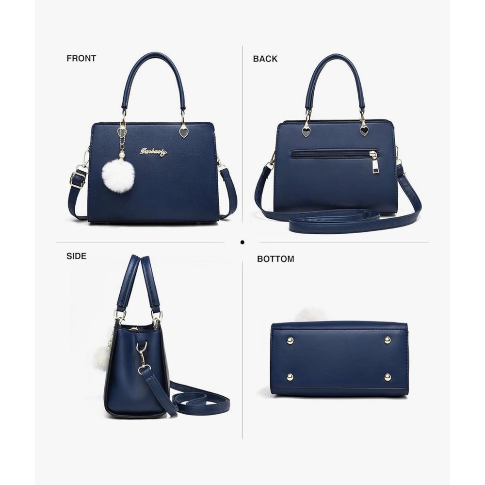 Navy Blue PU Leather Satchel Crossbody Bag Heart‎ Hardware Pom Pom Charm - Picture 5 of 9